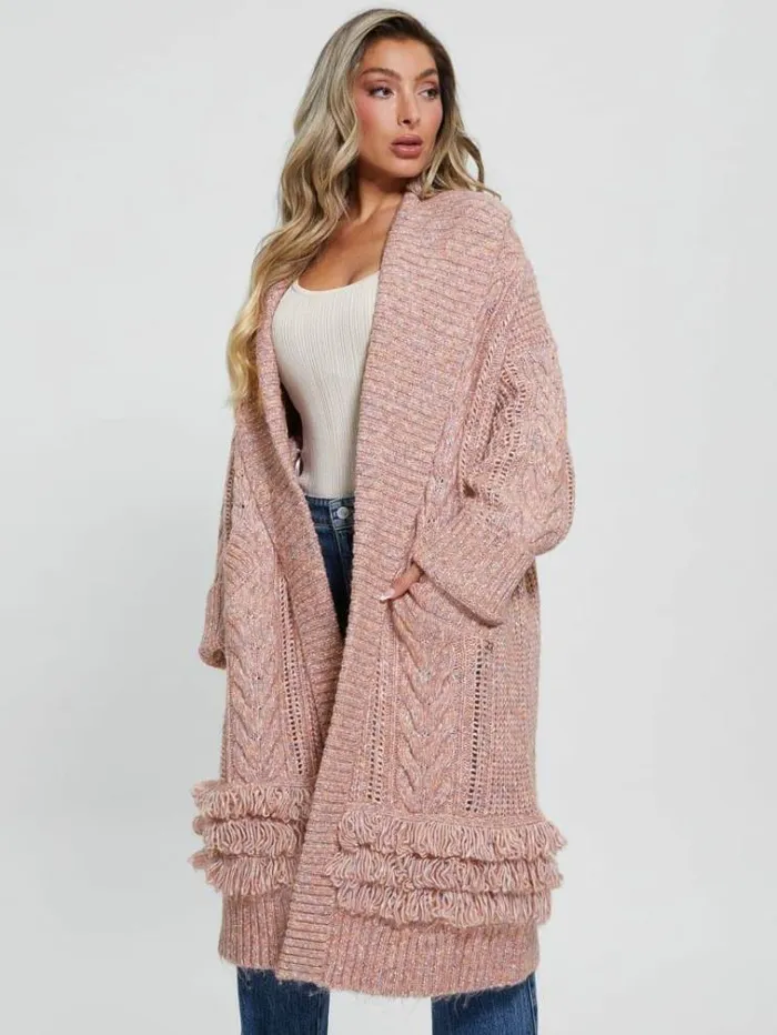 Women Cable Knit Long Cardigan Pink Guess Knitwear And Sweatshirts