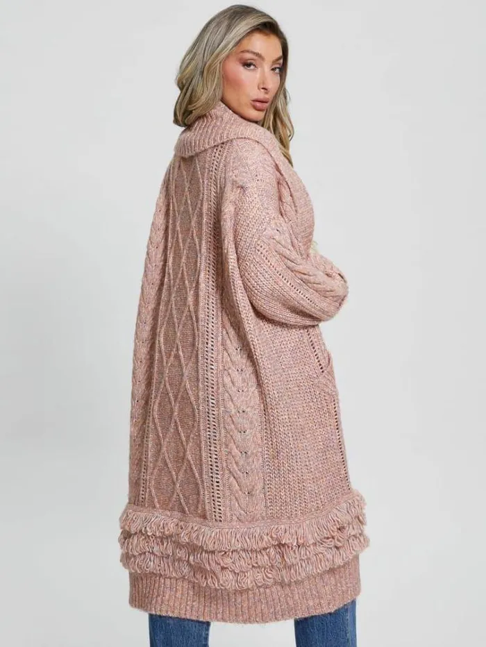 Women Cable Knit Long Cardigan Pink Guess Knitwear And Sweatshirts