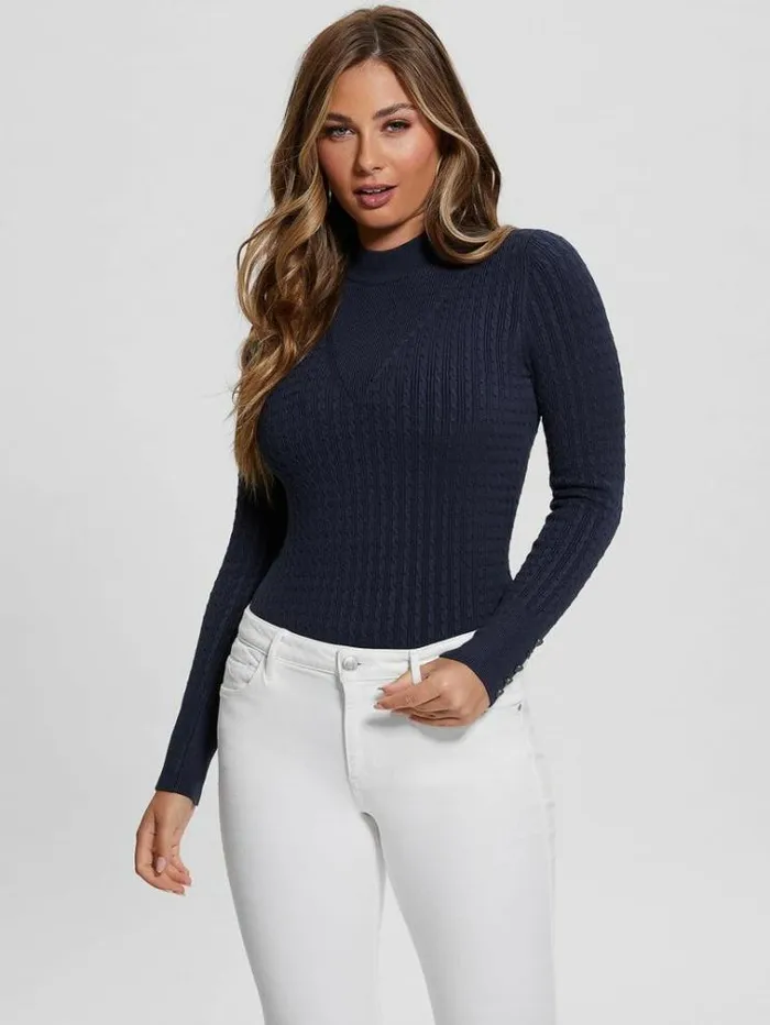 Women Cable Knit Sweater Blue Guess Knitwear And Sweatshirts