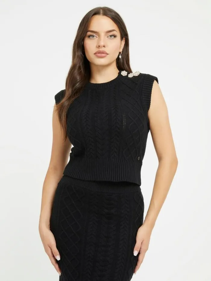 Women Cables Knit Sweater Top Black Guess Knitwear And Sweatshirts