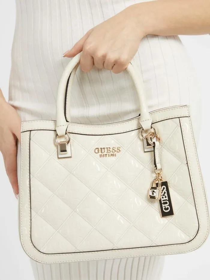 Women Caddie 4g Logo Patent Handbag Cream Guess Handbags