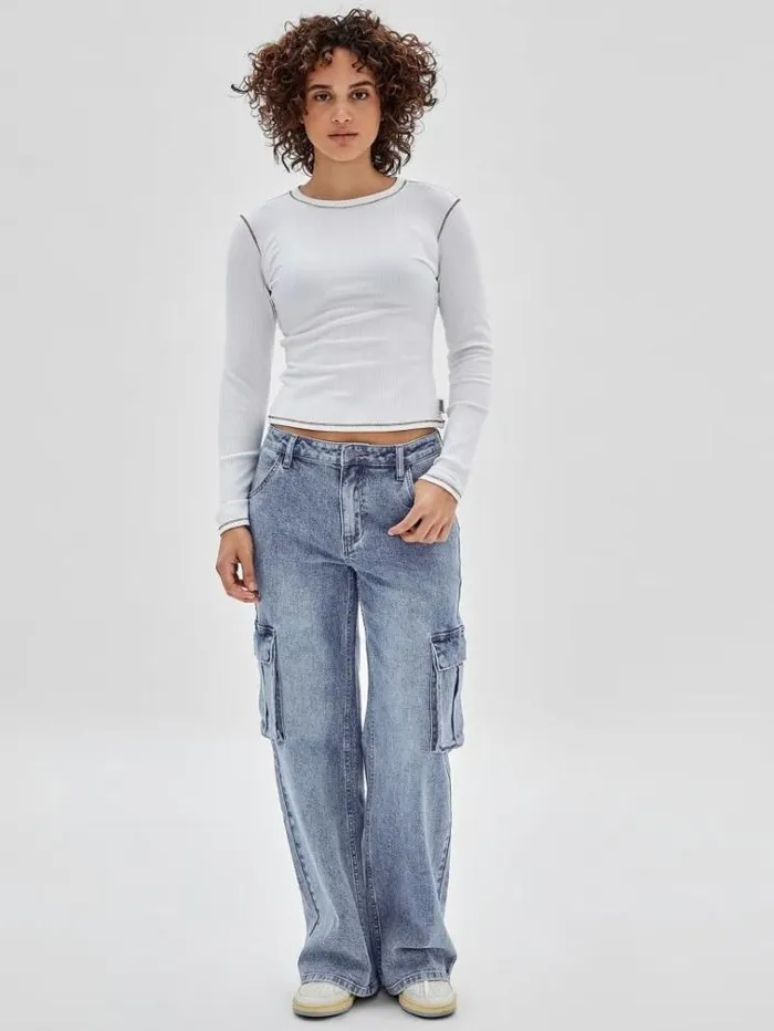 Women Cargo Denim Pant Blue Guess Relaxed
