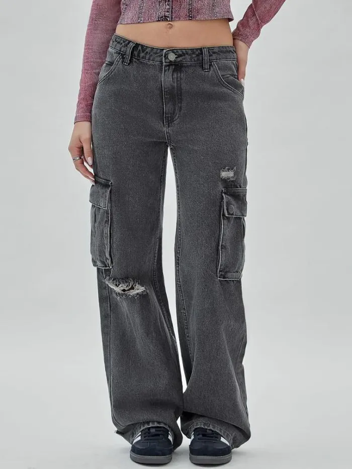 Women Cargo Denim Pants With Abrasions Grey Guess Relaxed