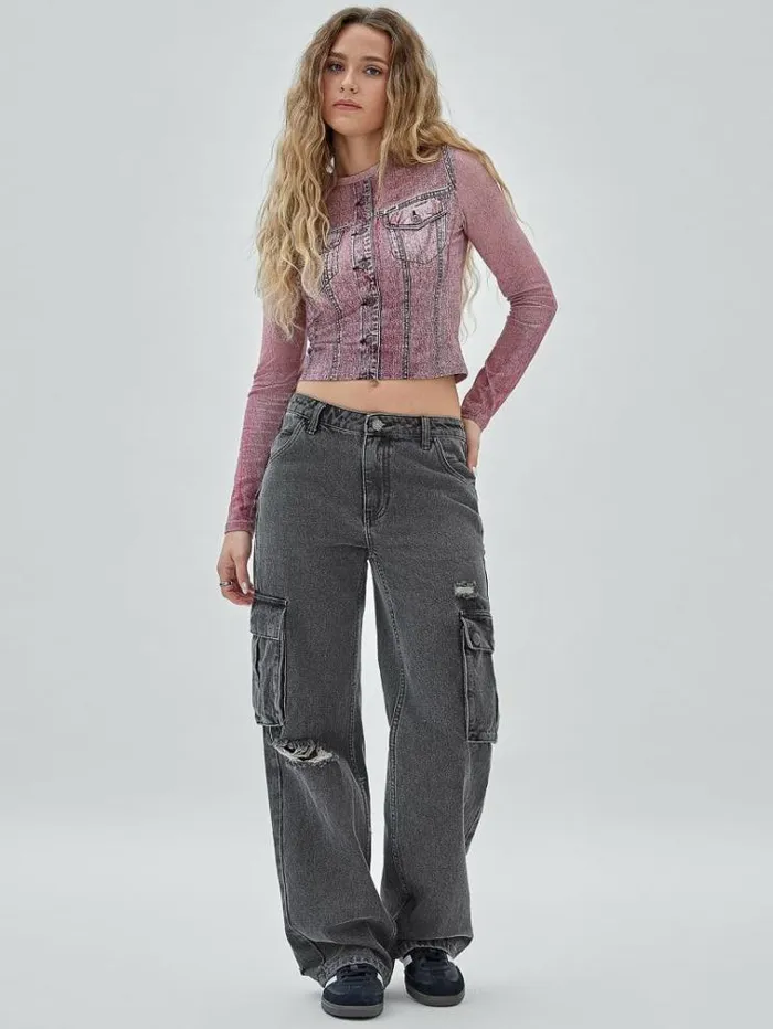 Women Cargo Denim Pants With Abrasions Grey Guess Relaxed