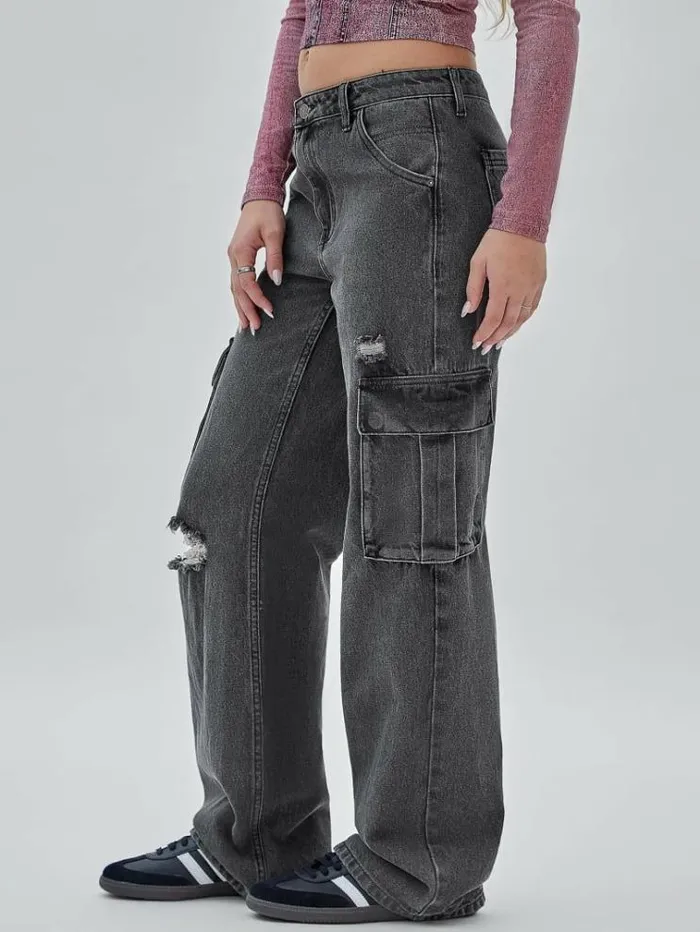 Women Cargo Denim Pants With Abrasions Grey Guess Relaxed