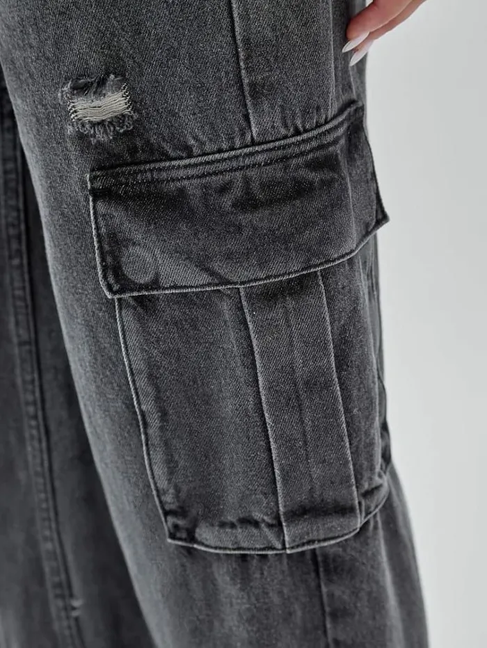 Women Cargo Denim Pants With Abrasions Grey Guess Relaxed
