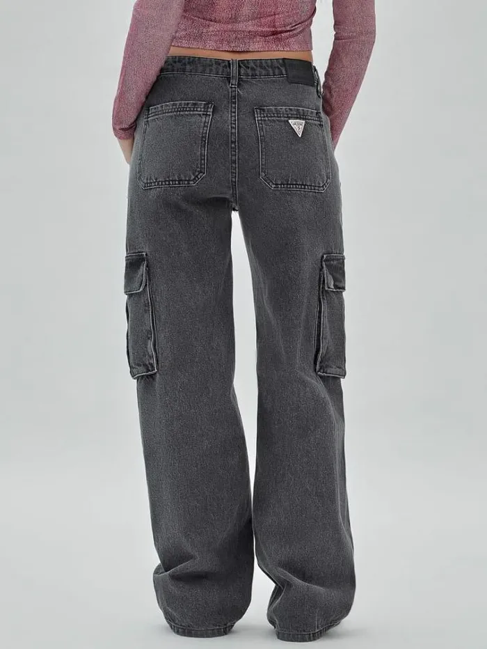 Women Cargo Denim Pants With Abrasions Grey Guess Relaxed