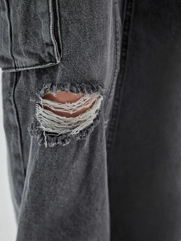 Women Cargo Denim Pants With Abrasions Grey Guess Relaxed