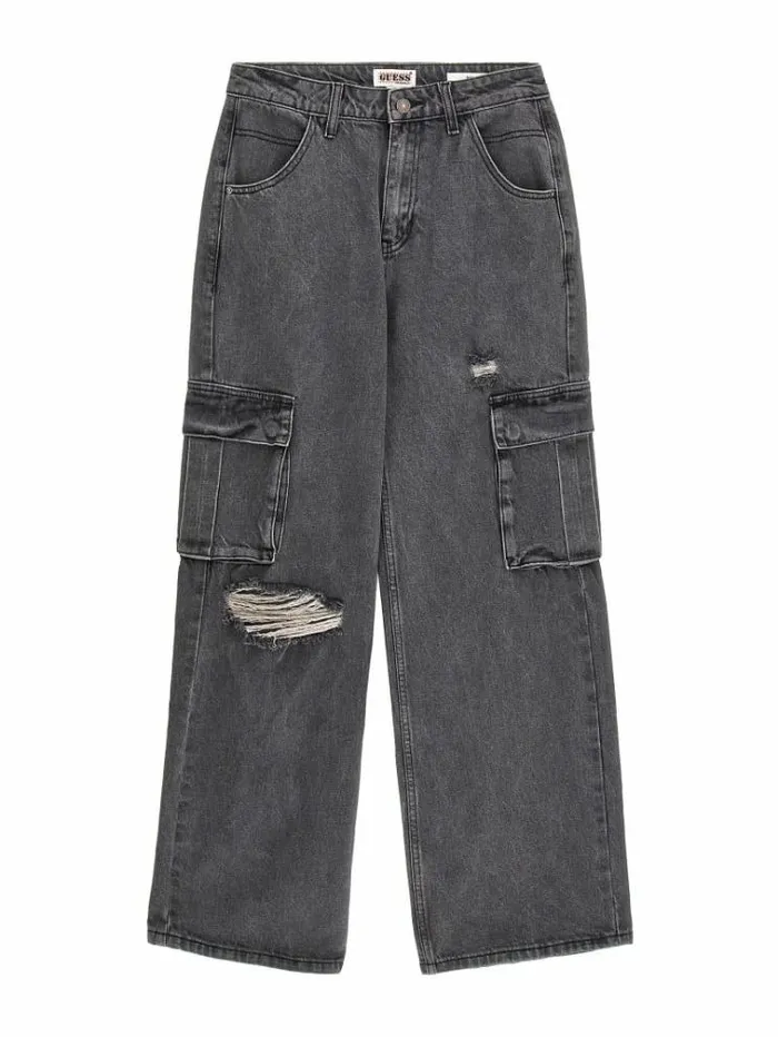 Women Cargo Denim Pants With Abrasions Grey Guess Relaxed