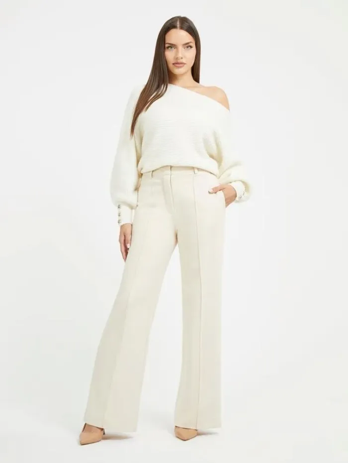 Women Chain Detail Wide Leg Pant White Guess Trousers