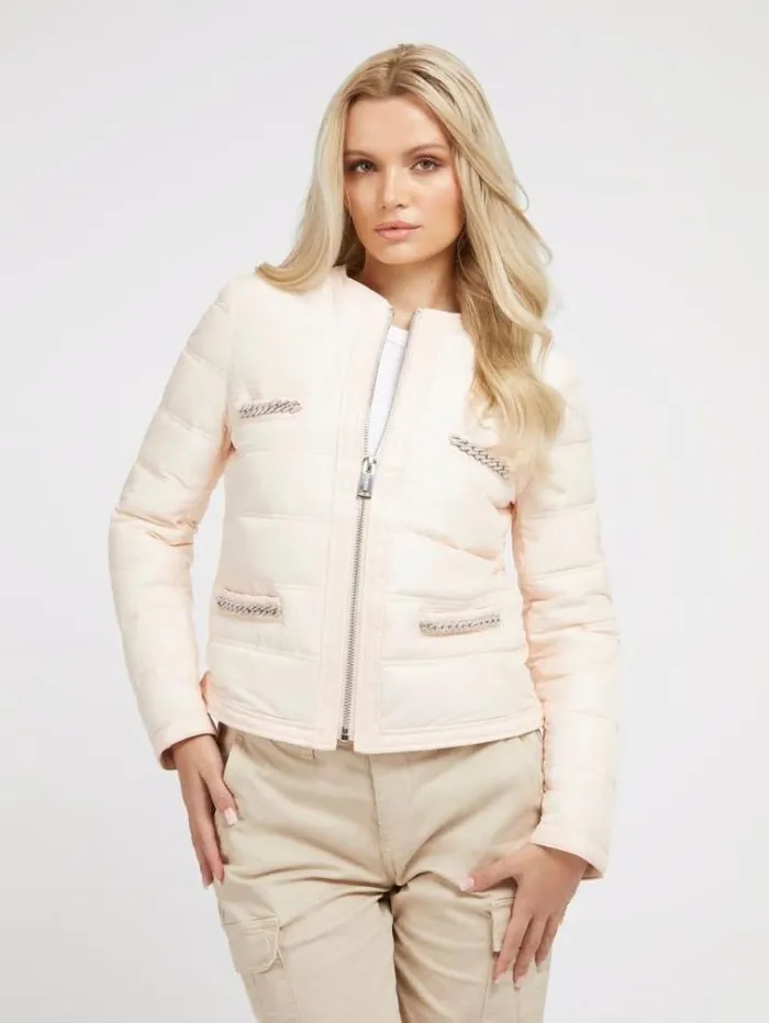 Women Chain Details Puffer Pink Guess Coats And Jackets
