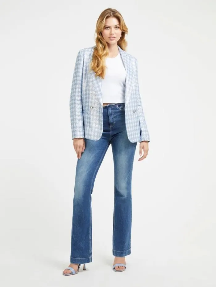 Women Check Blazer Blue Multi Guess Coats And Jackets