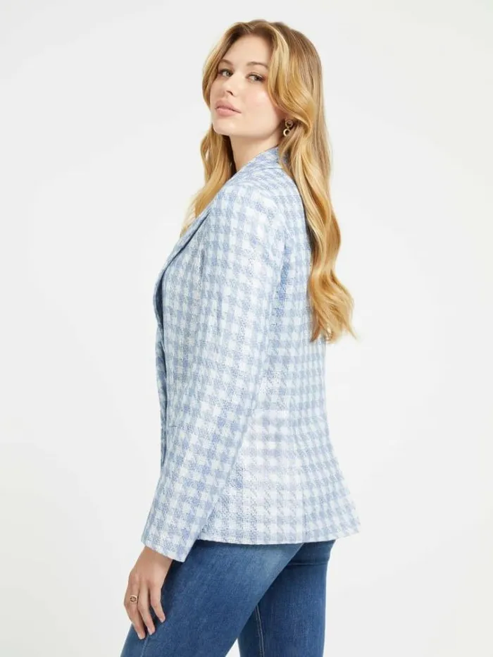 Women Check Blazer Blue Multi Guess Coats And Jackets