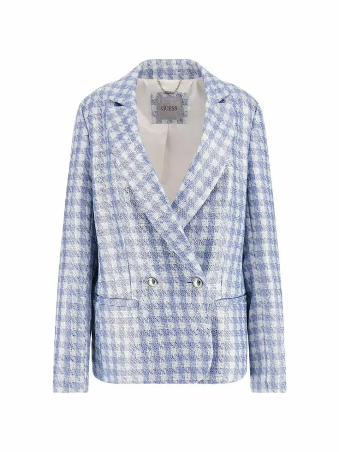 Women Check Blazer Blue Multi Guess Coats And Jackets