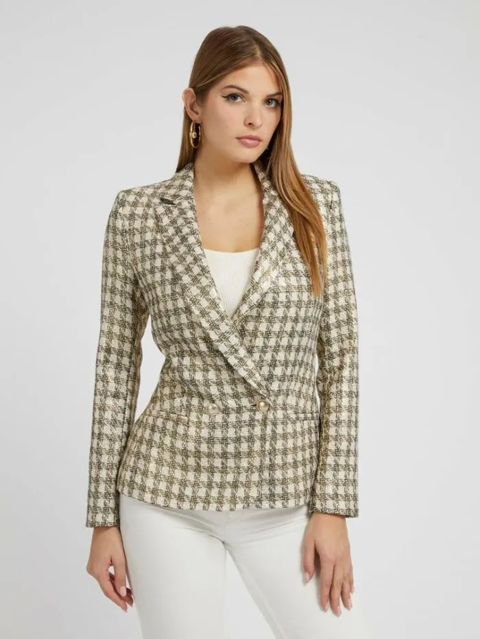 Women Check Blazer Green Multi Guess Coats And Jackets
