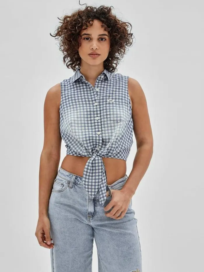 Women Checked Print Top Blue Multi Guess Tops And Shirts