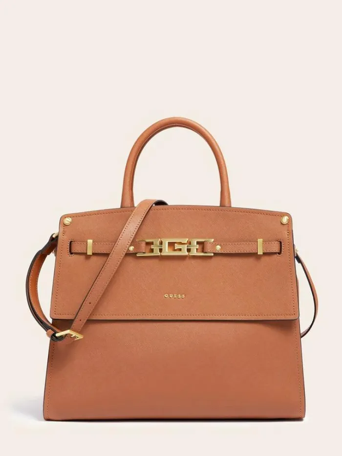 Women Cristina Real Leather Handbag Beige Guess Handbags