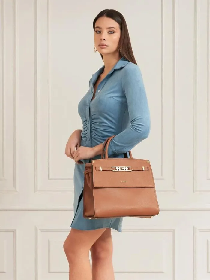 Women Cristina Real Leather Handbag Beige Guess Handbags