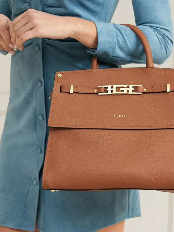 Women Cristina Real Leather Handbag Beige Guess Handbags