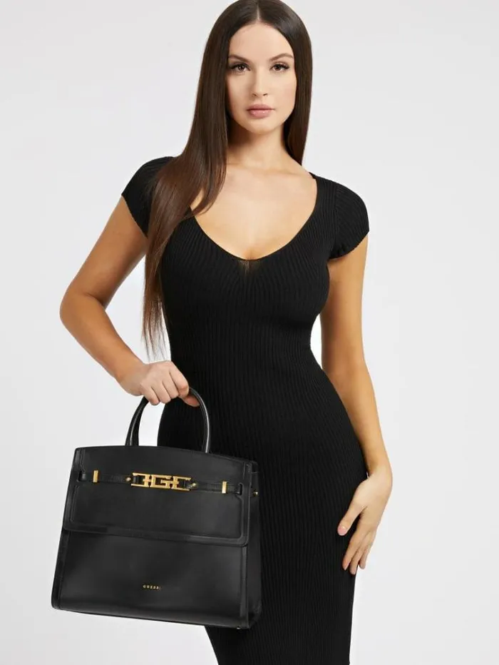 Women Cristina Real Leather Handbag Black Guess Handbags