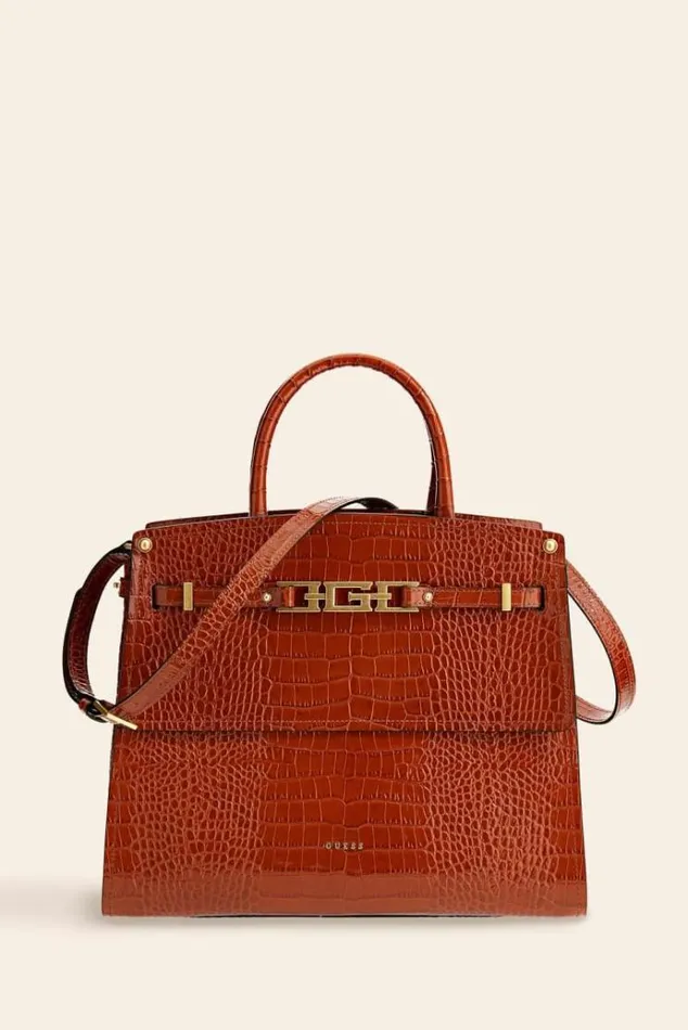 Women Cristina Real Leather Handbag Brown Guess Handbags