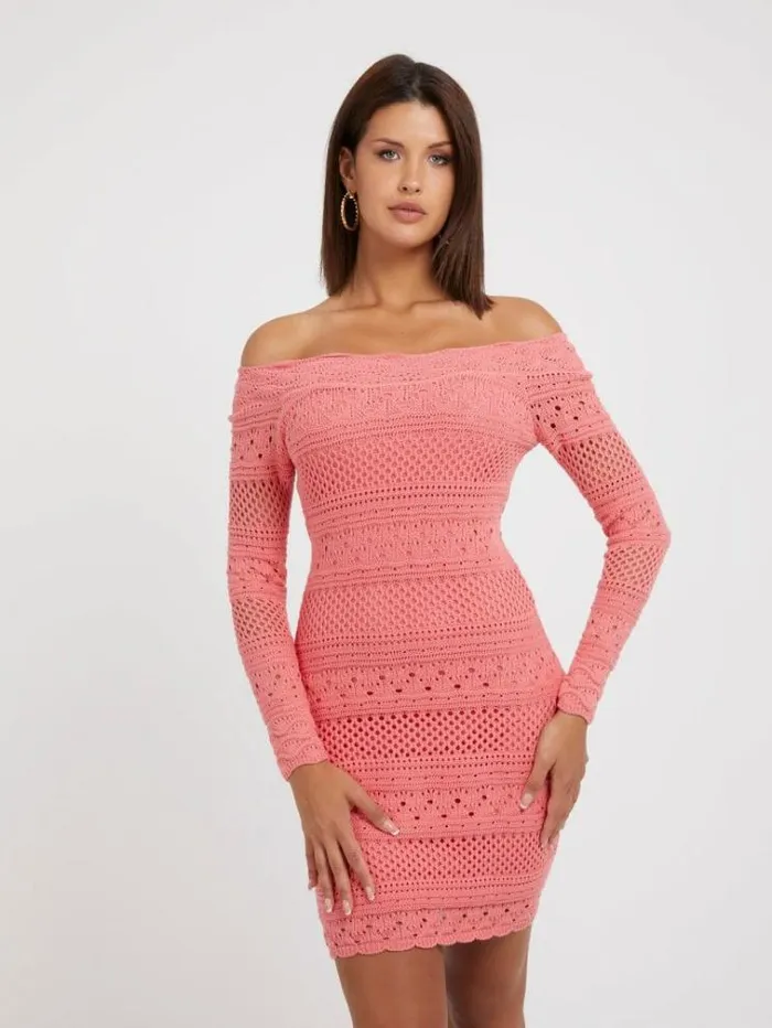 Women Crochet Sweater Dress Pink Guess Dresses And Jumpsuits