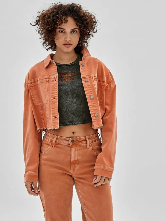 Women Crop Denim Jacket Orange Guess Coats And Jackets