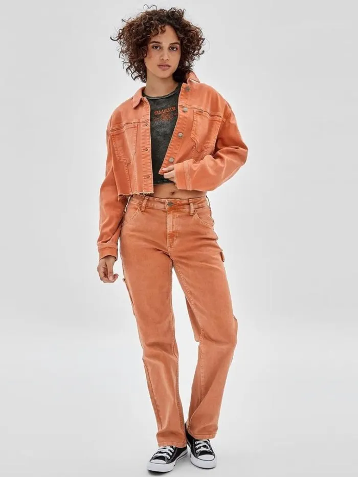 Women Crop Denim Jacket Orange Guess Coats And Jackets