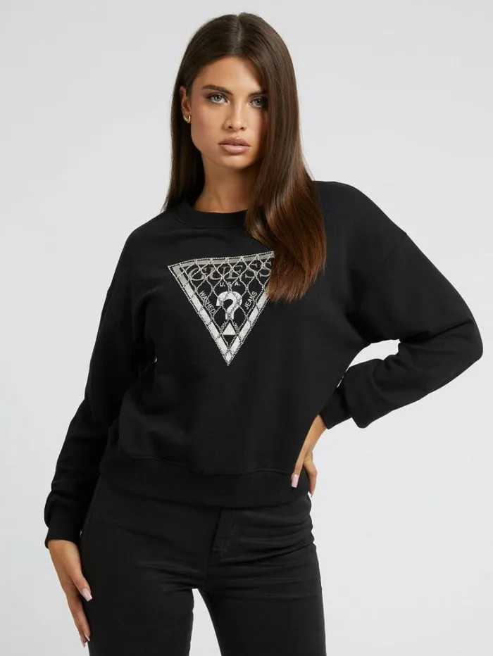 Women Crystal Mesh Sweatshirt Black Guess Knitwear And Sweatshirts