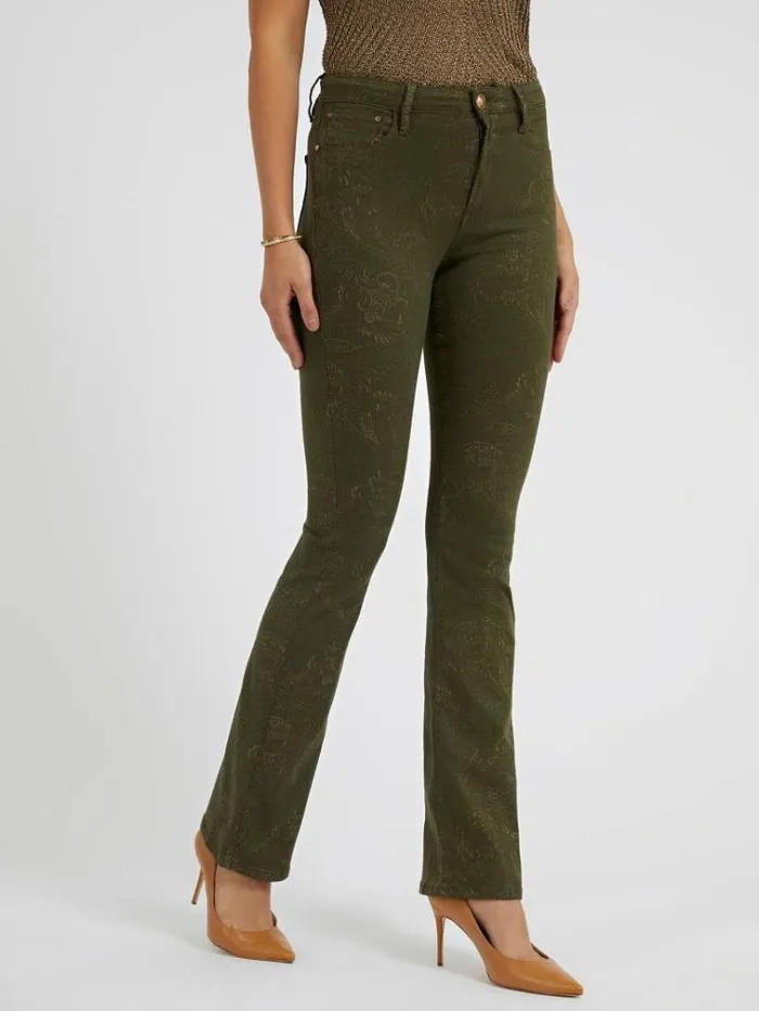 Women Damask Flare Pant Green Guess Flared And Bootcut