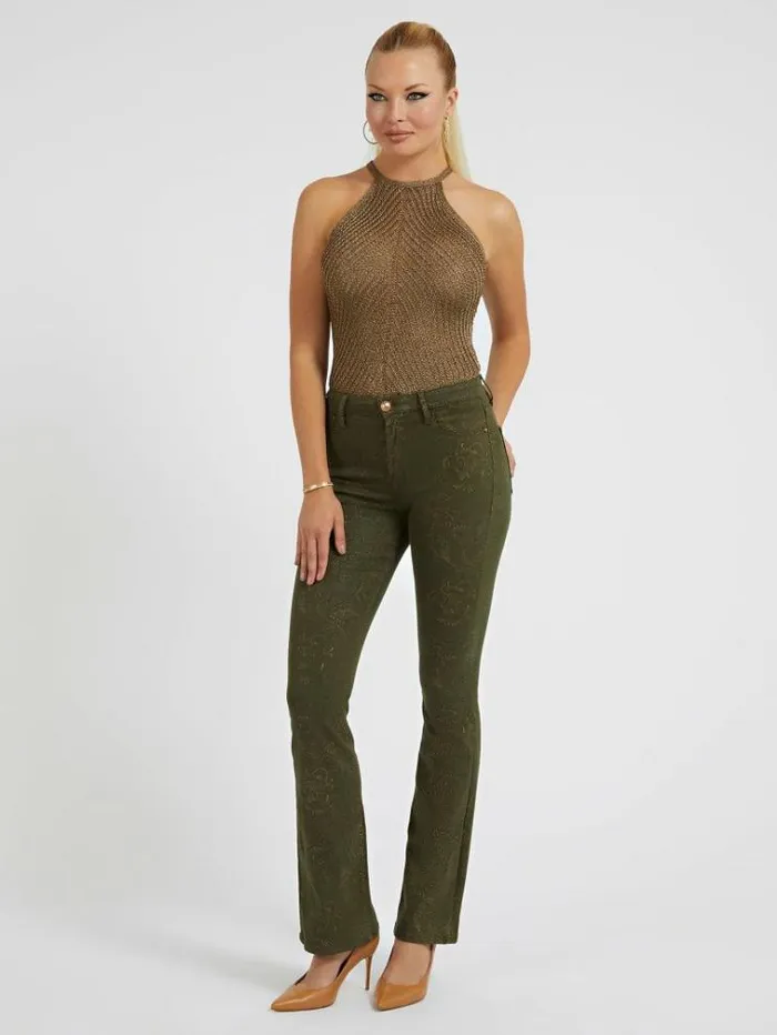 Women Damask Flare Pant Green Guess Flared And Bootcut