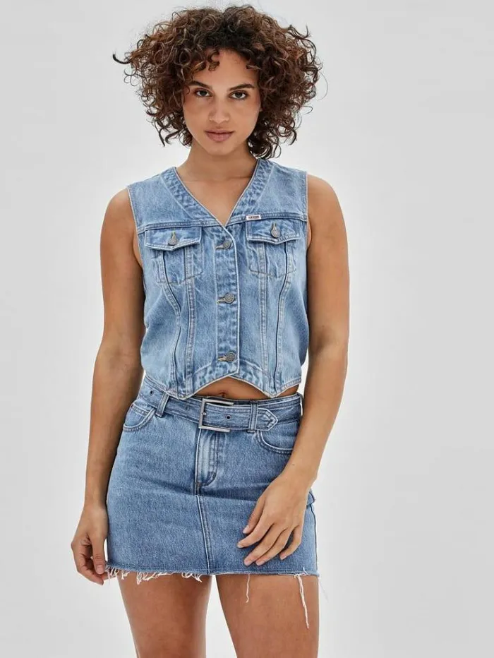 Women Denim Vest Blue Guess Coats And Jackets