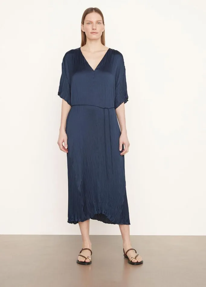 Women Dresses Vince Crushed Satin VNeck Dress Coastal Blue