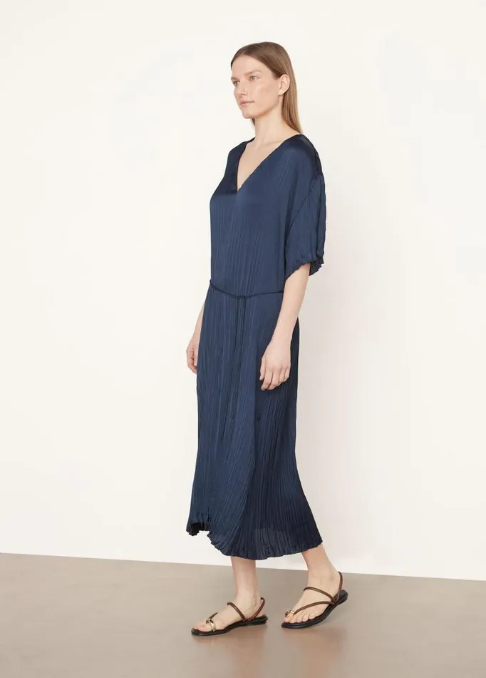 Women Dresses Vince Crushed Satin VNeck Dress Coastal Blue