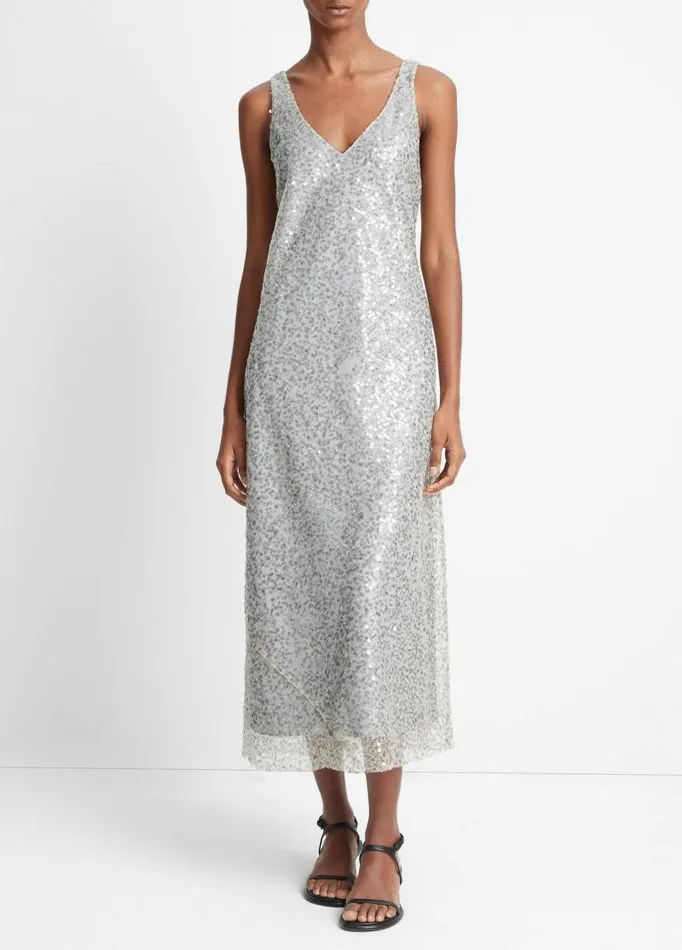 Women Dresses Vince Lucite Metallic Sequin Slip Dress Sea Slate