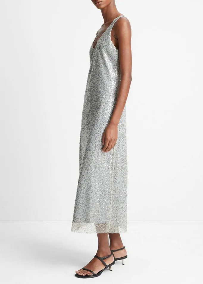 Women Dresses Vince Lucite Metallic Sequin Slip Dress Sea Slate