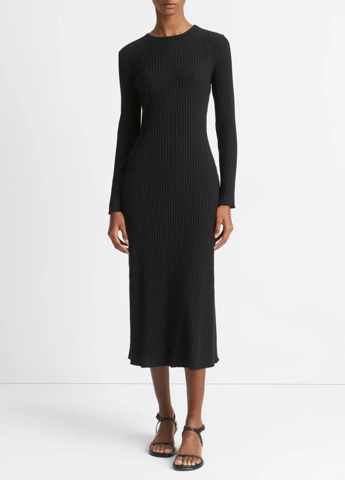 Women Dresses Vince Ribbed LongSleeve Crew Neck Dress Coastal Blue