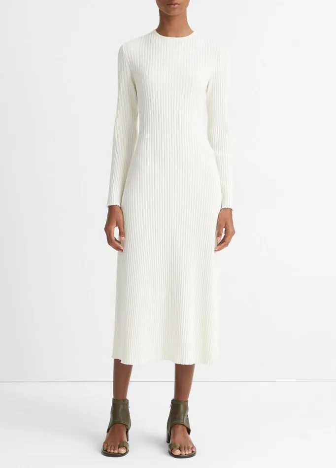 Women Dresses Vince Ribbed LongSleeve Crew Neck Dress Off White