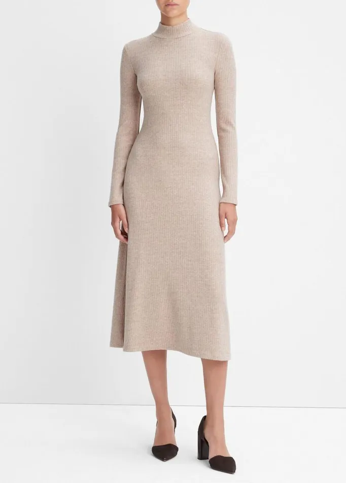 Women Dresses Vince Ribbed LongSleeve Mock Neck Dress Heather Hazel Cream