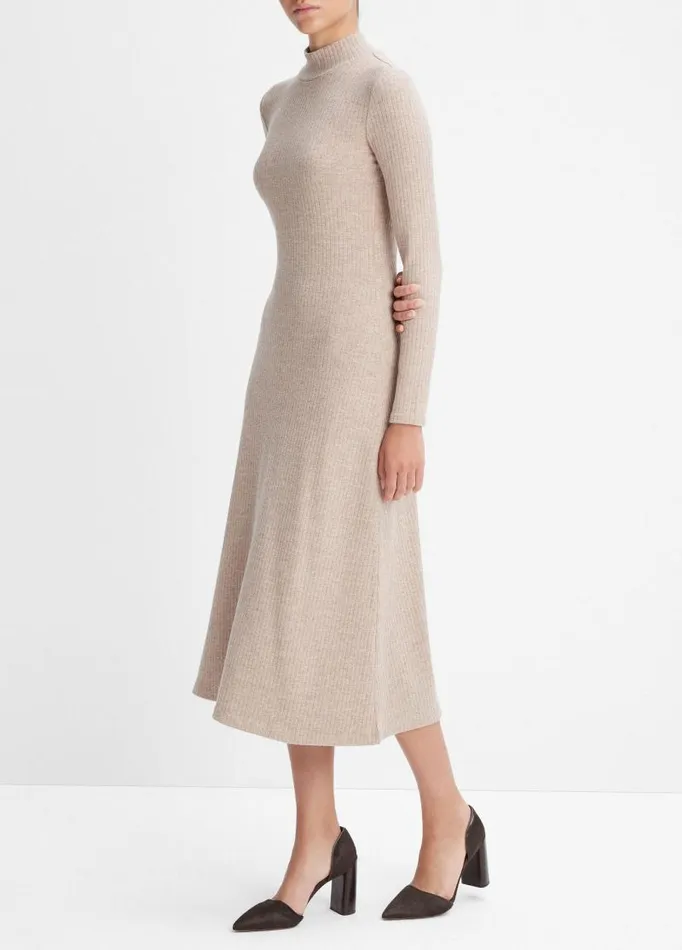 Women Dresses Vince Ribbed LongSleeve Mock Neck Dress Heather Hazel Cream