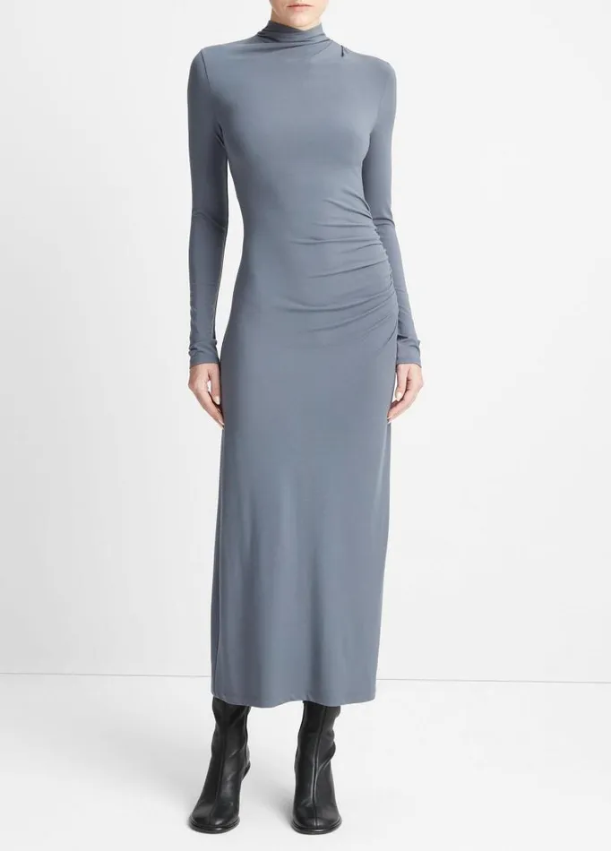 Women Dresses Vince Ruched LongSleeve Turtleneck Dress Pacific Azure