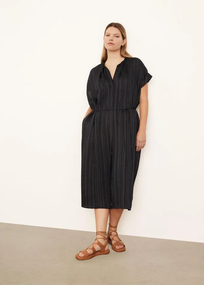 Women Dresses Vince Short Sleeve Drapey Stripe Shirred Dress Coastal Bluesandshell