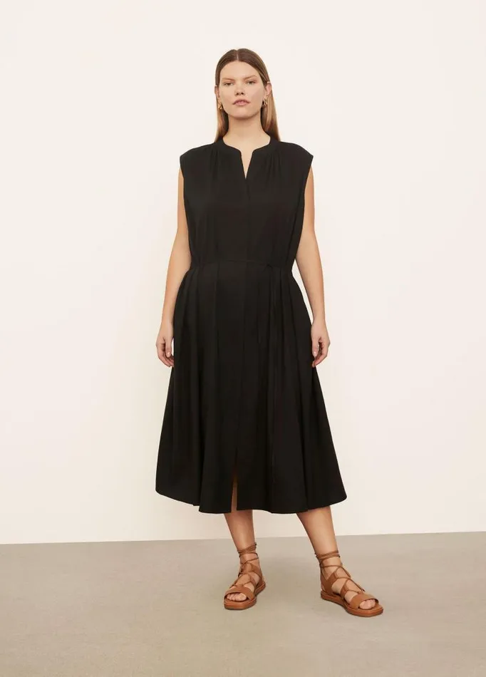 Women Dresses Vince Sleeveless Shirred Band Collar Dress Black