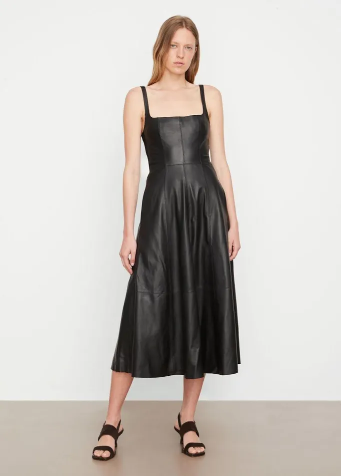 Women Dresses Vince SquareNeck Leather Dress Black
