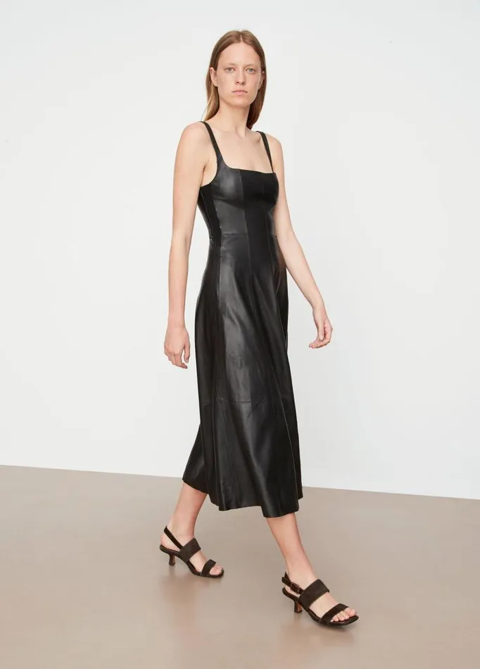 Women Dresses Vince SquareNeck Leather Dress Black