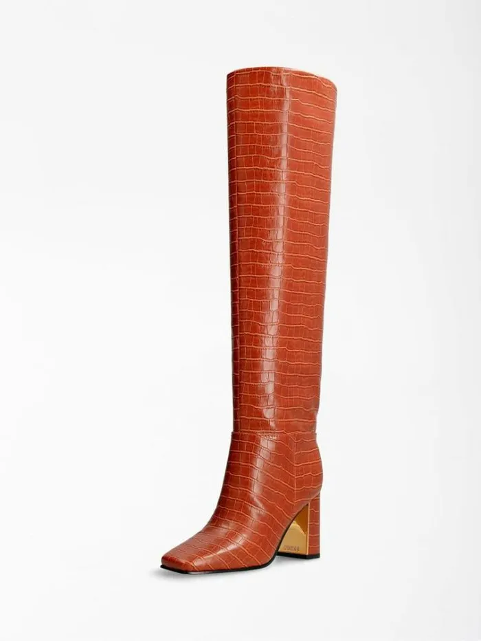 Women Elandra Croc Print High Boot Orange Guess Boots And Booties