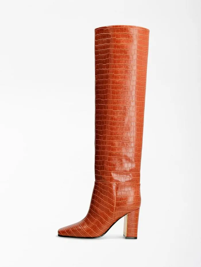 Women Elandra Croc Print High Boot Orange Guess Boots And Booties