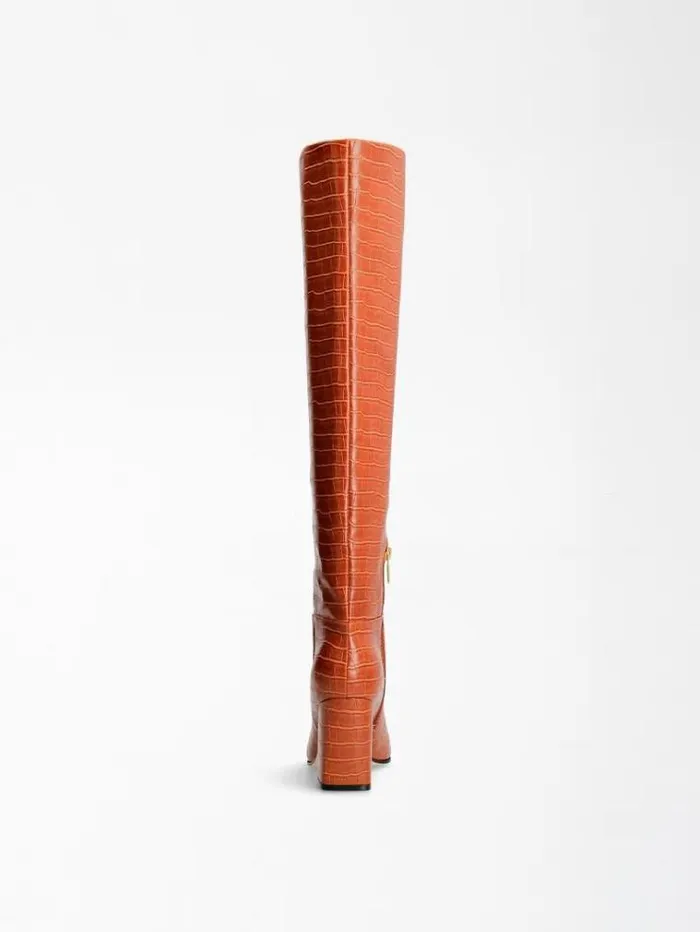 Women Elandra Croc Print High Boot Orange Guess Boots And Booties