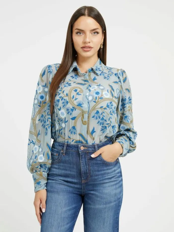 Women Embroidered Shirt Blue Multi Guess Tops And Shirts