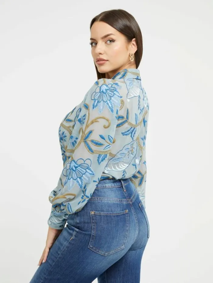Women Embroidered Shirt Blue Multi Guess Tops And Shirts